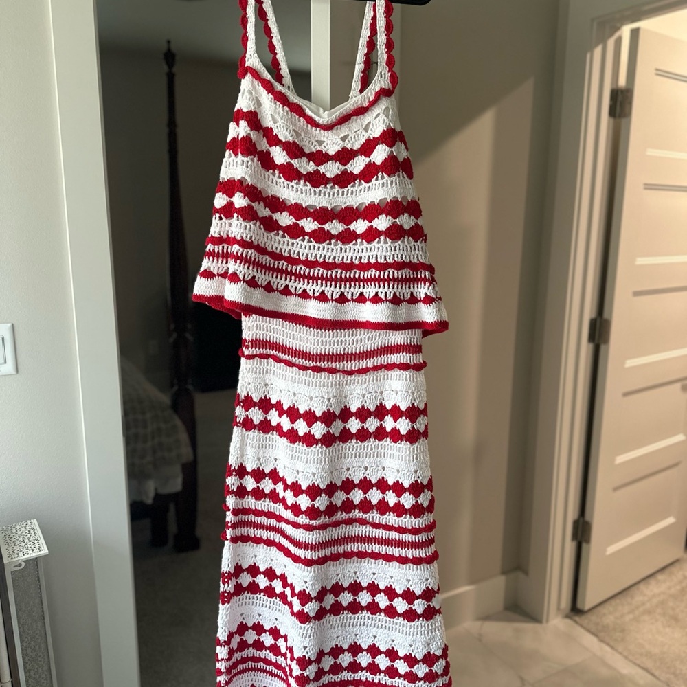 NWT Red & White Crochet Tank + Maxi Skirt Set